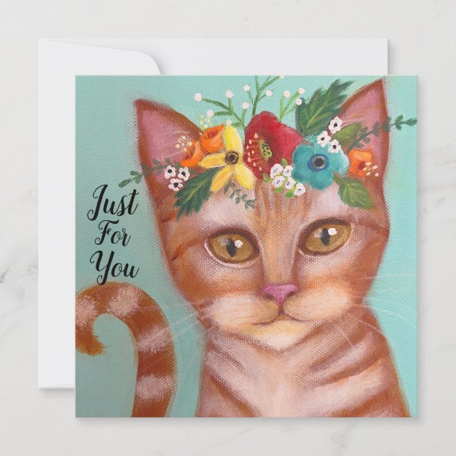 Carte Chat orange avec couronne de fleurs (Devant)