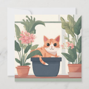 Carte Chat orange dans un pot à fleurs