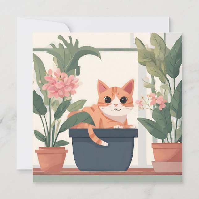 Carte Chat orange dans un pot de fleurs  (Devant)