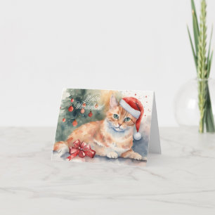 Carte Chat orange de Noël à l'aquarelle de Santa Hat