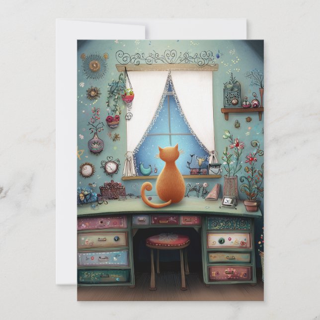 Carte Chat Orange Quirky à une fenêtre Bonjour plat (Devant)