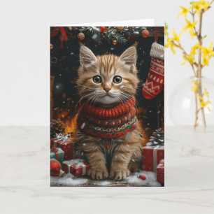 Carte Chat Persan avec cheminée de cadeaux de Noël