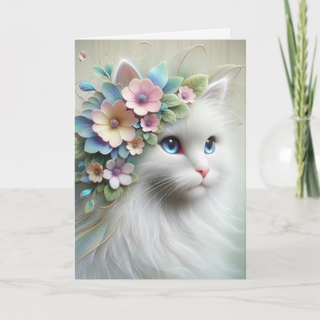 Carte Chat Perse Anniversaire Avec Laurel Floral (Devant)