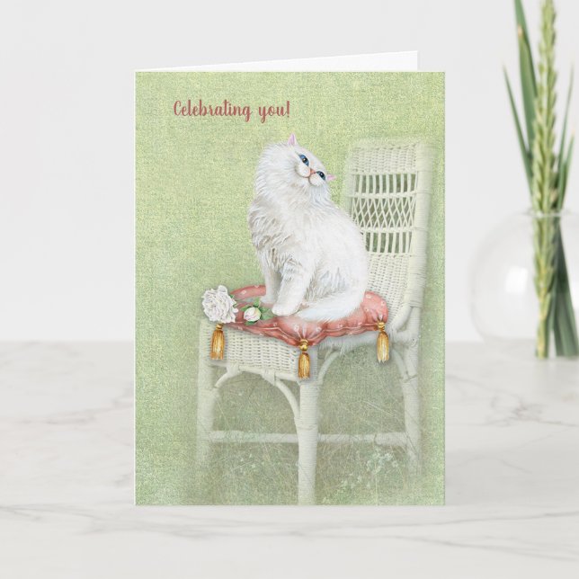 Carte chat perse blanc sur la chaise anniversaire (Devant)