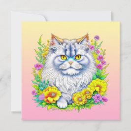 Carte Chat perse en Fleurs Jaunes et Roses Blanc