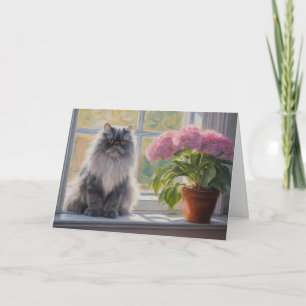 Carte Chat perse gris mignonne avec Plante à fleurs rose