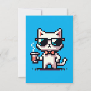 Carte Chat Pixel cool avec café - 8 bits Retro Feline