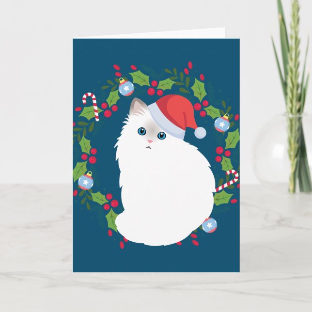 Carte Chat Ragdoll au Couronne de Noël (Devant)
