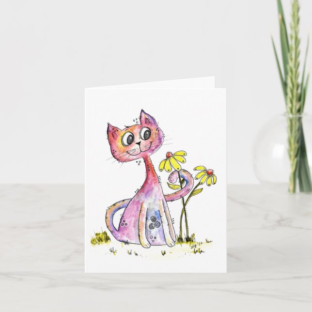 Carte Chat rose blanc mignon avec Fleurs Jaunes (Devant)