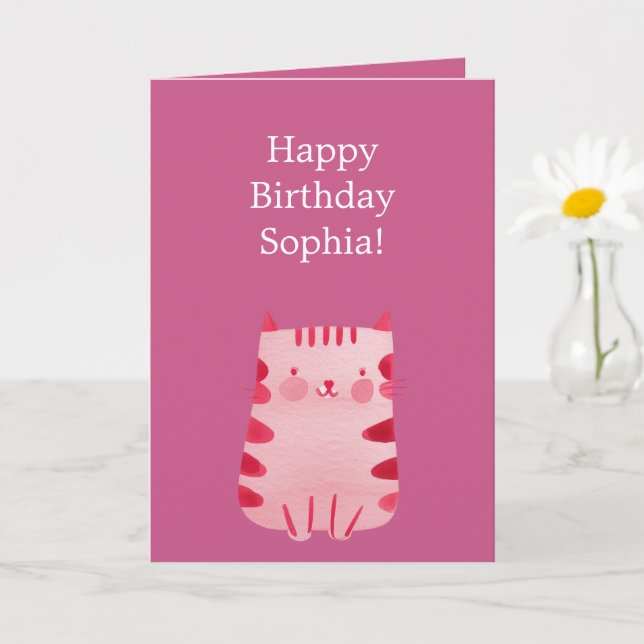 Carte Chat rose mignon Anniversaire (Petite plante)
