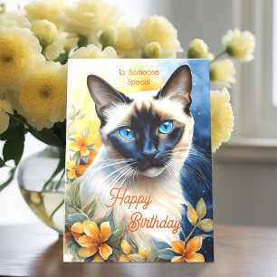 Carte Chat siamois avec fleurs orange jaune Anniversaire