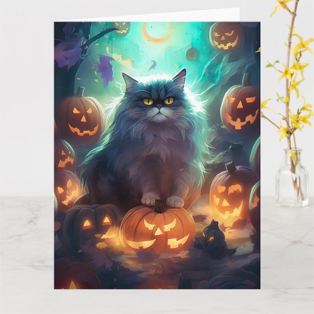 Carte Chat Sibérien D'Halloween Avec Peur Citrouille (Fleur jaune)