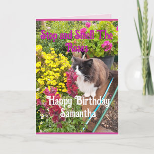 Carte Chat Smoking Tuxedo Reniflant des Fleurs Anniversa