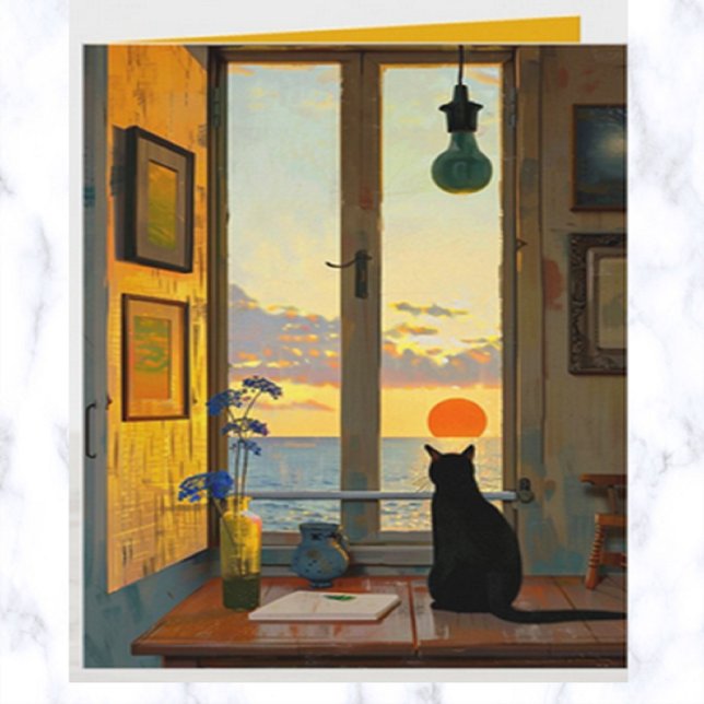 Carte Chat solitaire modifiable regardant un coucher de  (Créateur téléchargé)