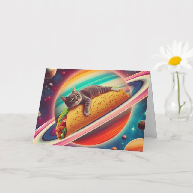 Carte Chat sur une planète Taco, toute occasion (Petite plante)