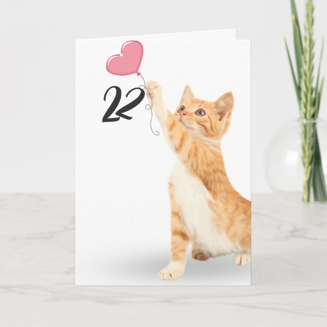 Carte chat tabby 22e anniversaire avec ballon cardiaque (Devant)