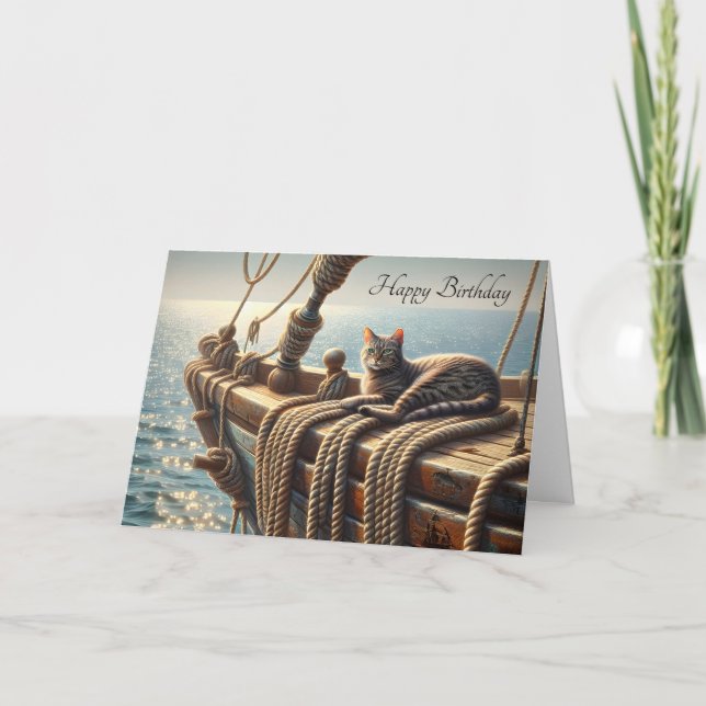 Carte Chat Tabby Anniversaire Sur Cordes Nautiques (Devant)