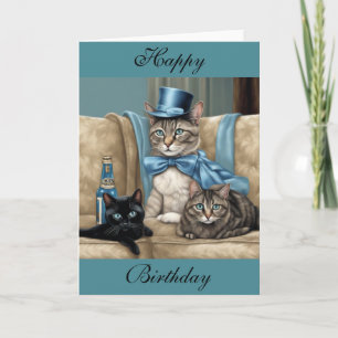 Carte Chat tabby gris avec cape et chapeau haut de forme