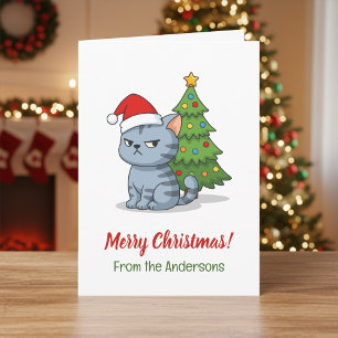 Carte Chat tabby gris grincheux chapeau rouge arbre de N