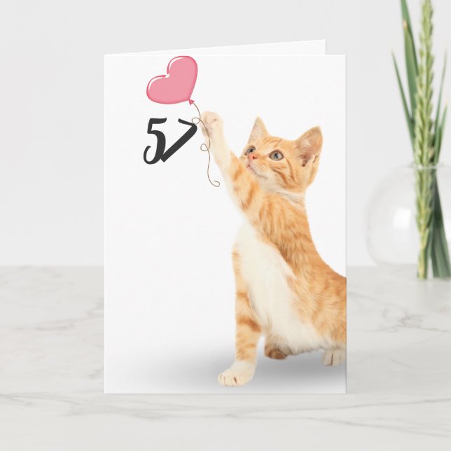 Carte chat tigré 57 ans avec ballon en forme de cœur (Devant)