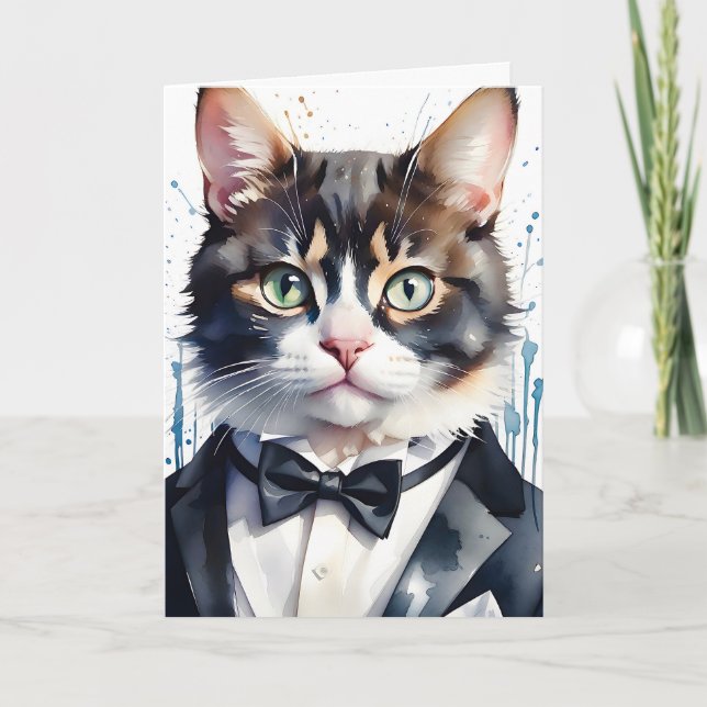 Carte Chat tigré à l'aquarelle dans un smoking et noeud  (Devant)
