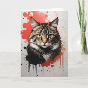 Carte Chat tigré à l'aquarelle éclaboussure d'art rouge 