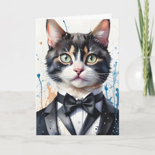 Carte Chat tigré à l'aquarelle en gilet de smoking nœud