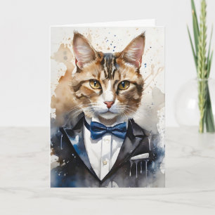 Carte Chat tigré au nœud papillon bleu en smoking Aquare