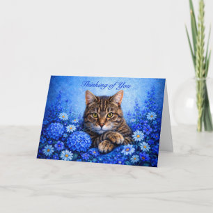Carte chat tigré floral bleu "Thinking of You"