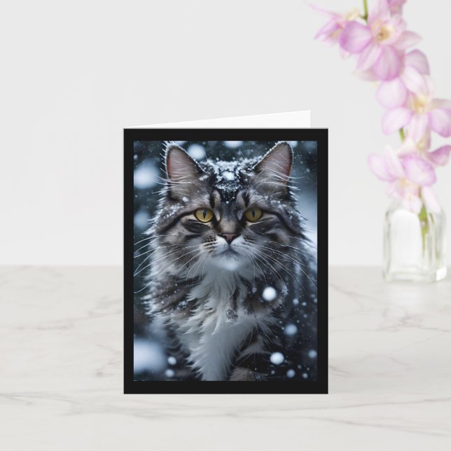 Carte Chat tigré gris sur fond blanc enneigé  (Orchidée)