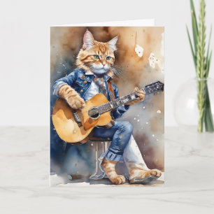 Carte Chat tigré orange star de rock jouant de la guitar