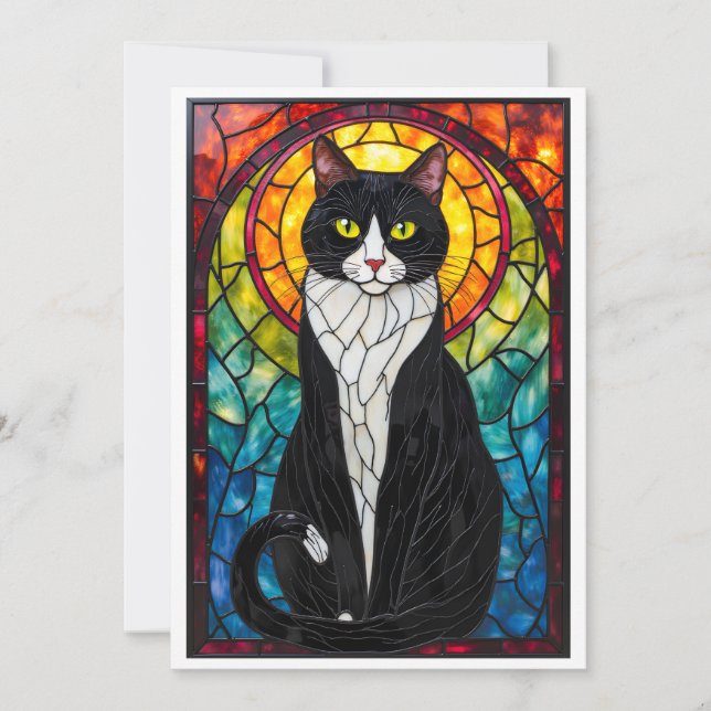 Carte Chat Tuxedo Noir et Blanc de Style Vitrail Plat (Devant)