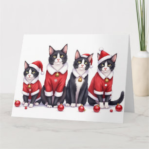 Carte Chat Tuxedo Tenue de Noël Chapeau de Père Noël
