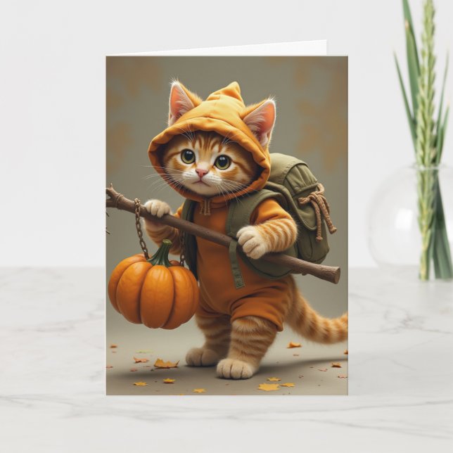 Carte Chat vagabond voyageur avec citrouille (Devant)