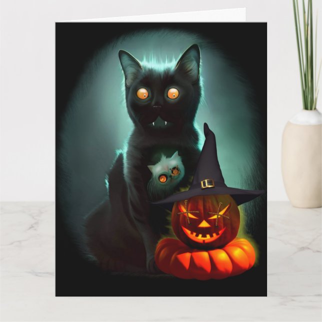 Carte Chat Vampire et Citrouille de Sorcier Halloween Su (Devant)