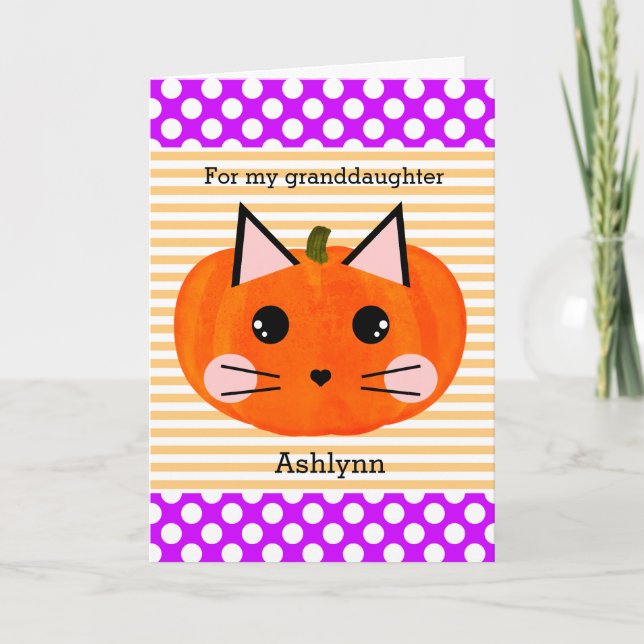 Carte Chat violet orange Kitty Citrouille Halloween (Devant)