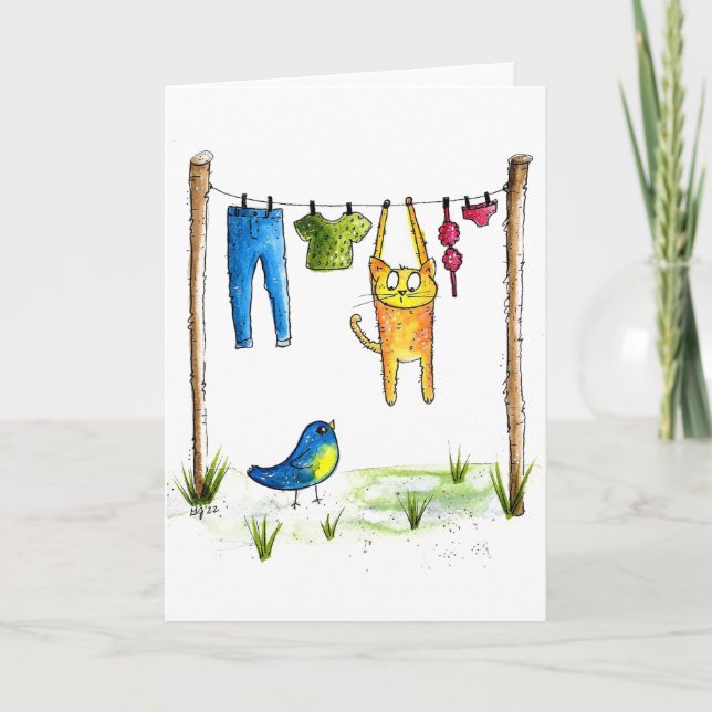 Carte Chat Whimsical sur une ligne de linge (Devant)