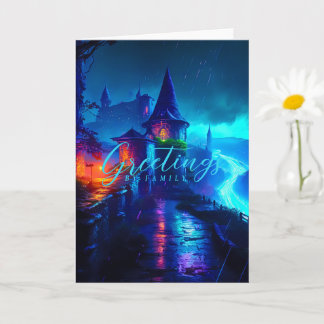 Carte Château Cyberpunk de Fantaisie Néon Magique Nuit
