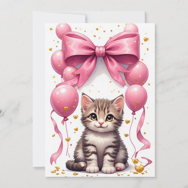 Carte Chaton Arc Et Ballons Fête D'anniversaire Amusante (Devant)