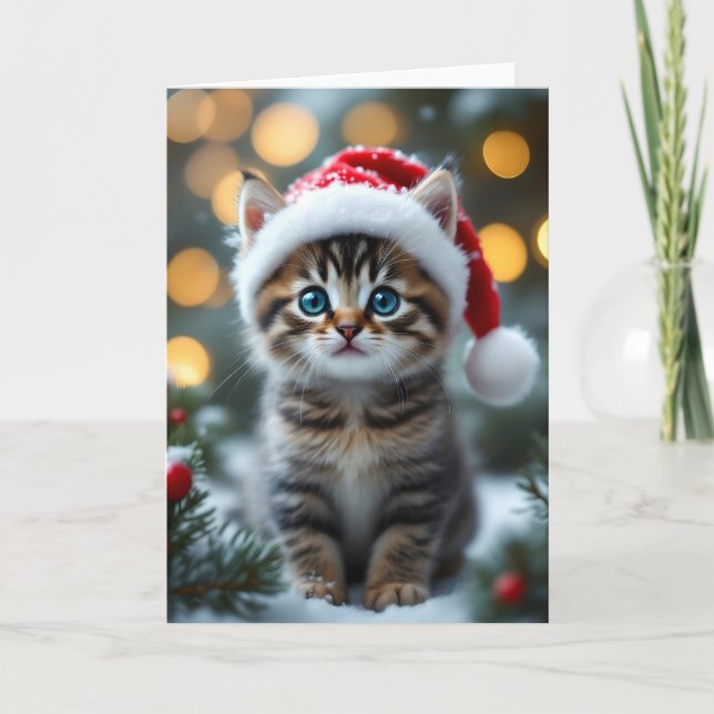 Carte Chaton avec un bonnet de Noël rouge (Devant)
