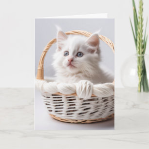 Carte Chaton blanc dans le panier pour penser à vous