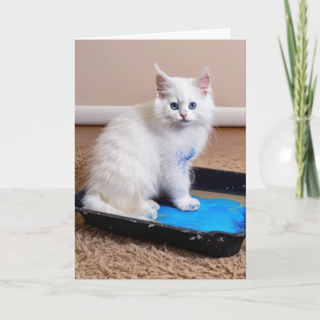 Carte Chaton blanc en bac à peinture pour l'anniversaire (Devant)