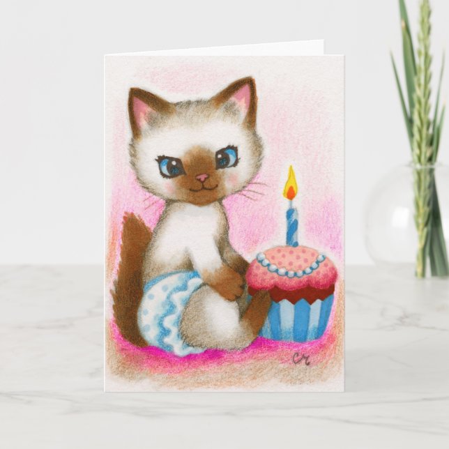 Carte Chaton d'anniversaire - art mignon de chat (Devant)