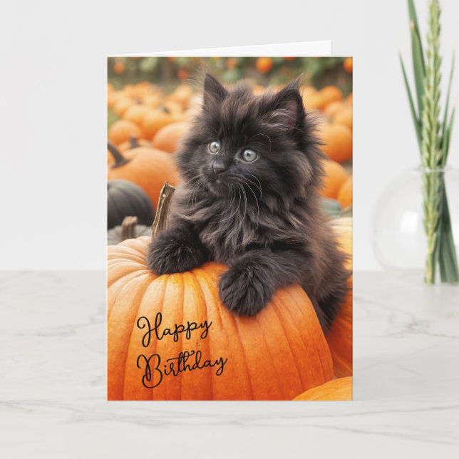 Carte Chaton D'Anniversaire D'Halloween Sur Citrouille (Devant)