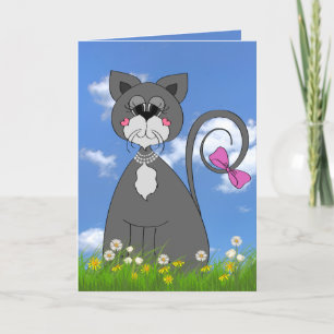 Carte chaton gris dans l'herbe anniversaire