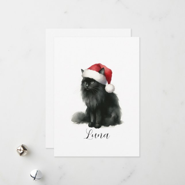 Carte Chaton Noir Aquarelle avec Chapeau de Père N (Devant/Arrière en situation)