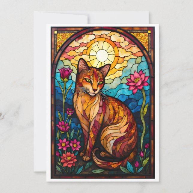 Carte Chaton orange de style vitrail avec fleurs roses (Devant)