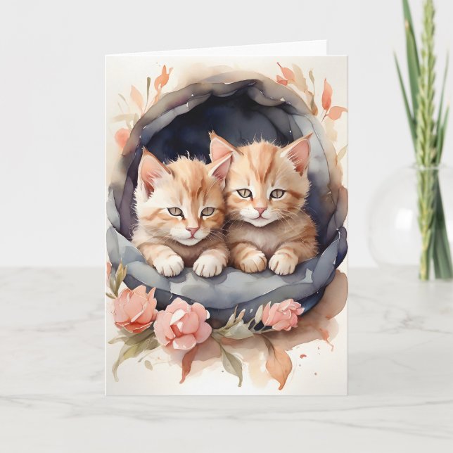 Carte Chatons frères tabby aquarelle Fleurs Vide (Devant)