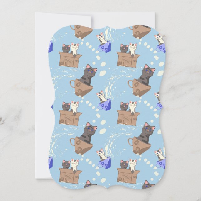 Carte Chats en boîte et gouttes de lait sur bleu (Devant)