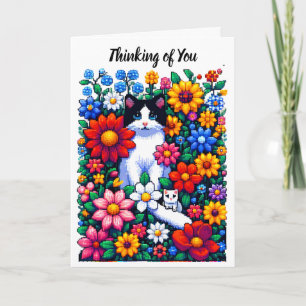 Carte Chats et fleurs en pixel art qui pensent à vous
